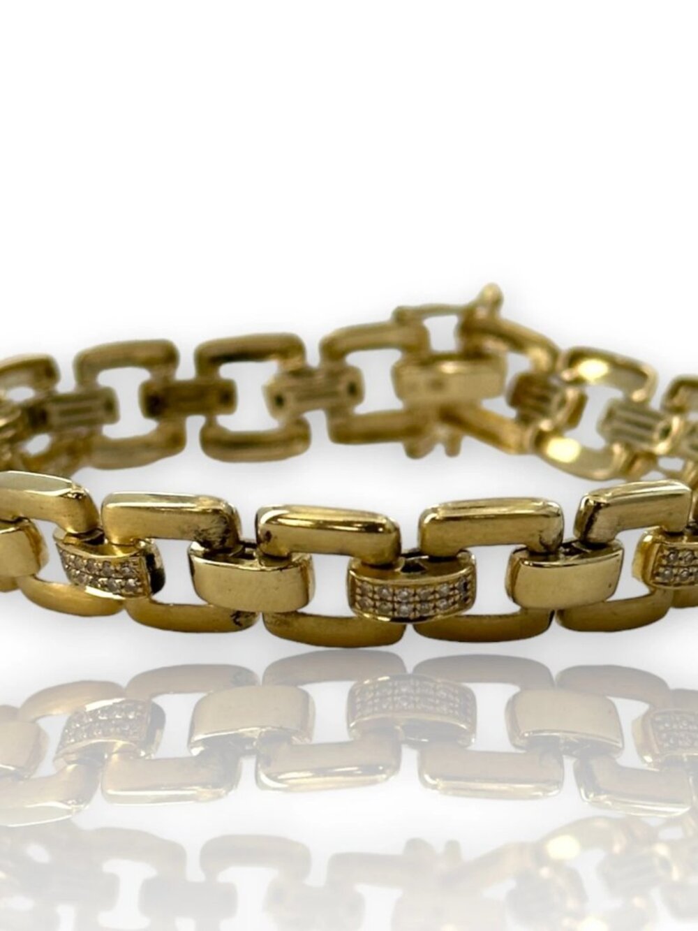 EFFY D'Oro 14kt Yellow Brushed Gold Flat Square Link Bracelet Diamonds 7" Length